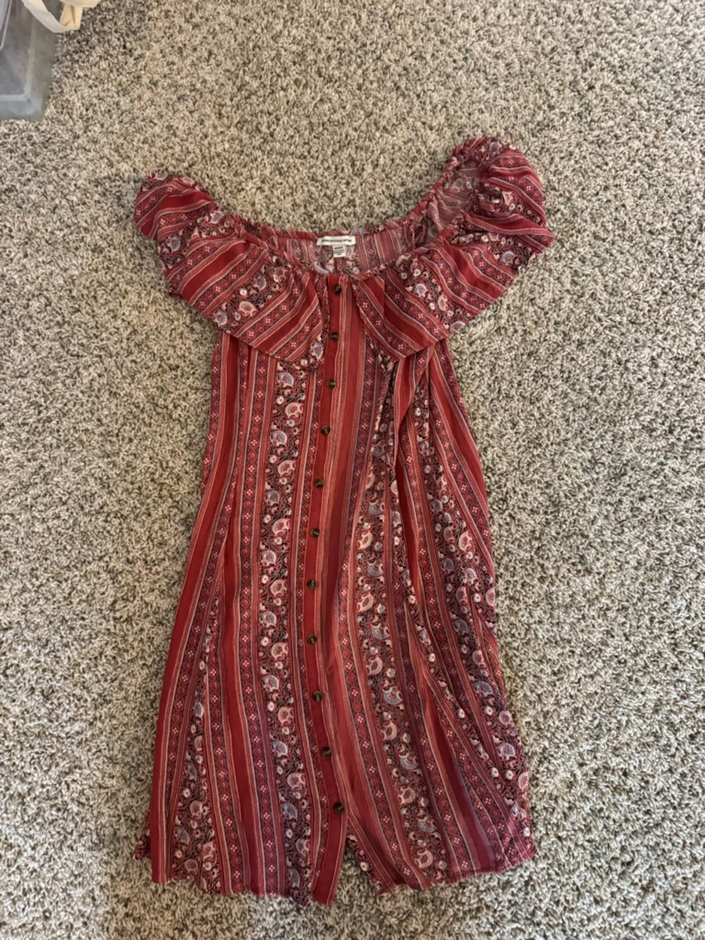 American Eagle Red and Blue Floral Button off the shoulder dress